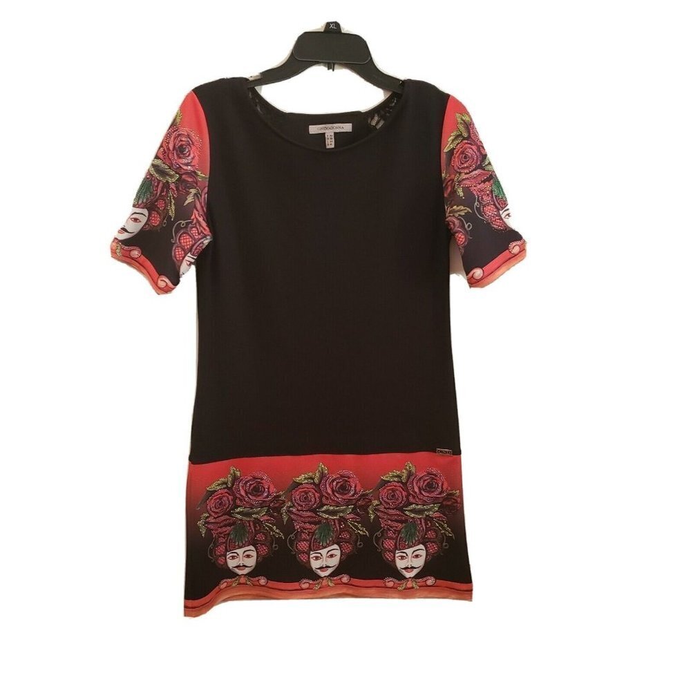 CINEMADONNA Graphic Novelty Shift Dress Size Medium Red Black Bling SL Lace CMD